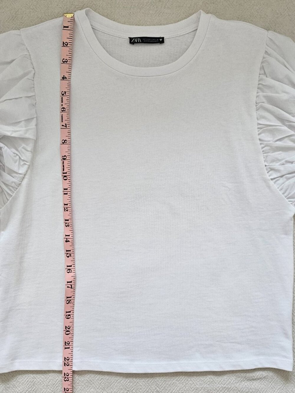Zara White Ruffle Sleeve Top Size L Statement Puff Sleeve Tee - Picture 8 of 11